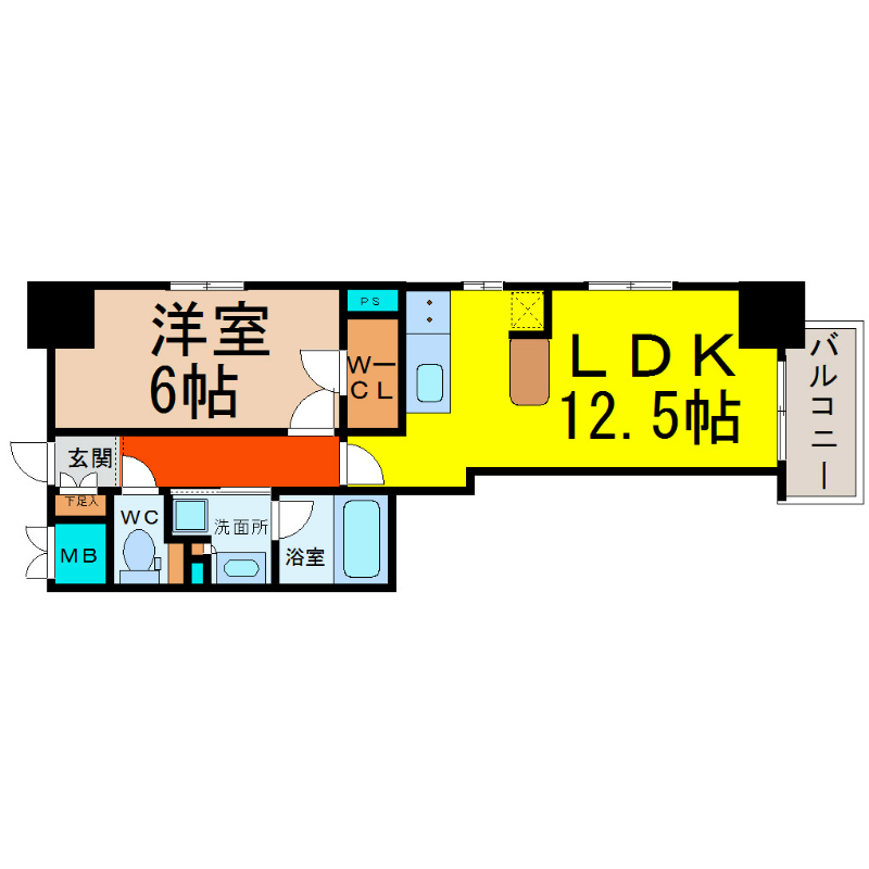 エステムプラザ名古屋Ｄ.Ｃ.2027  間取図　ＬＤＫ12.5帖　洋室6帖　脱衣洗面所　バルコニー