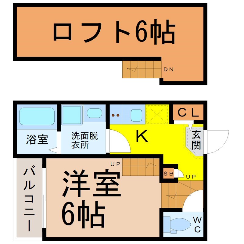 ハーモニーテラス鳴海町 間取図　洋室6帖　ロフト6帖　脱衣洗面所　バルコニー
