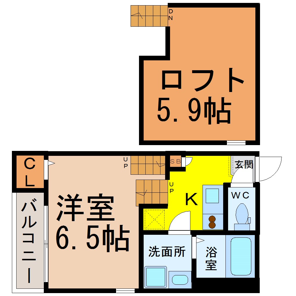 ｕｎｉｖｅｒｓ（ユニヴェール） 間取図　洋室6.5帖　ロフト5.9帖　脱衣洗面所　バルコニー