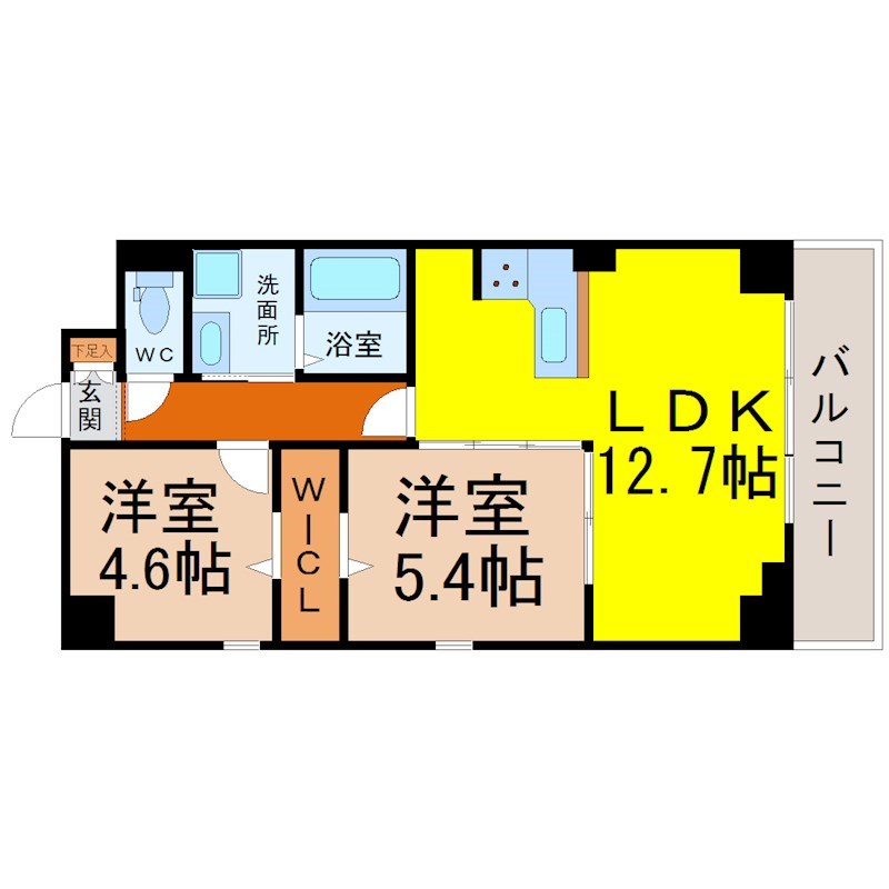 プレイス浅間 間取図　ＬＤＫ12.7帖　脱衣洗面所　Ｌ字型キッチン
