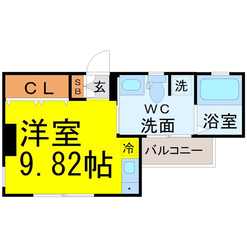 フローラル尾頭橋 間取図　洋室9.82帖　脱衣洗面所　バルコニー