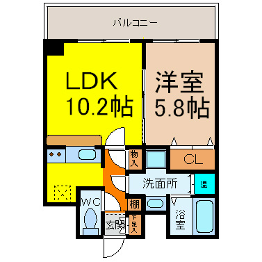 エスポアール千種 間取図　ＬＤＫ10.2帖　洋室5.8帖　脱衣洗面所