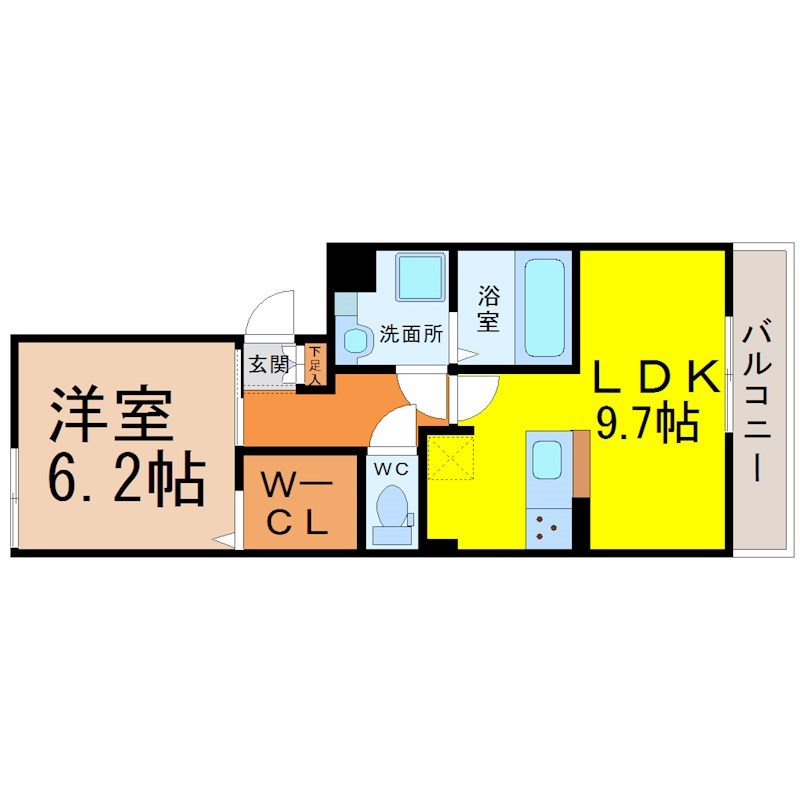 プレジオ 間取図　ＬＤＫ9.7帖　洋室6.2帖　ウォークインクローゼット　脱衣洗面所