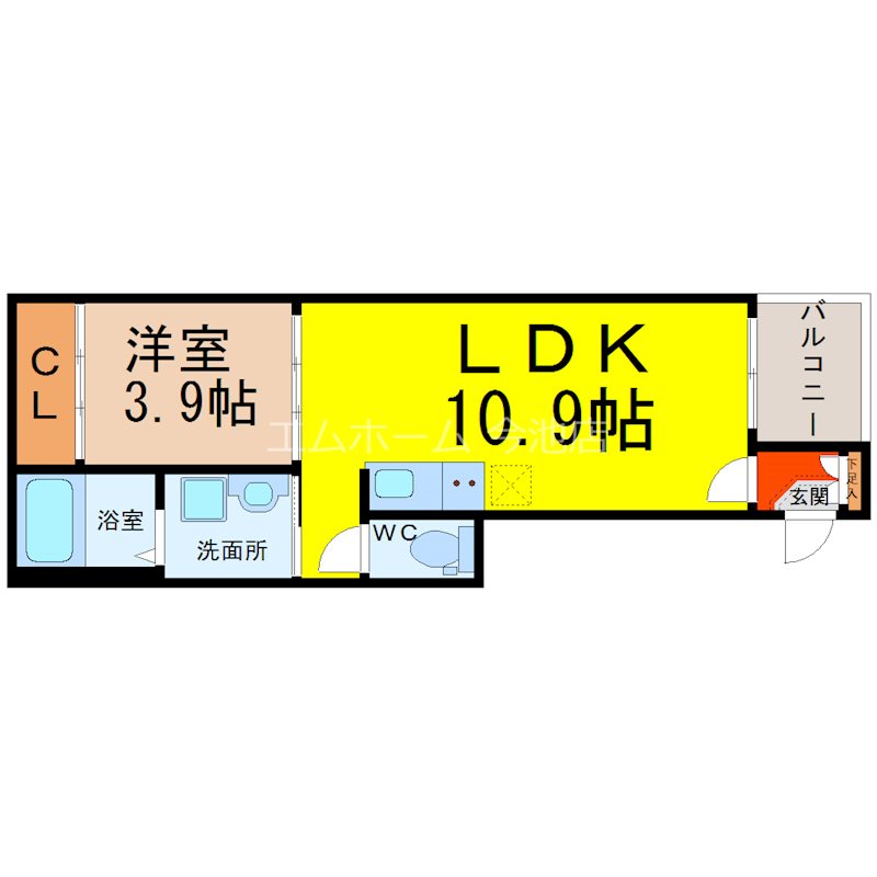 ラフィーネ大曽根 間取図　ＬＤＫ10.9帖　洋室3.9帖　脱衣洗面所
