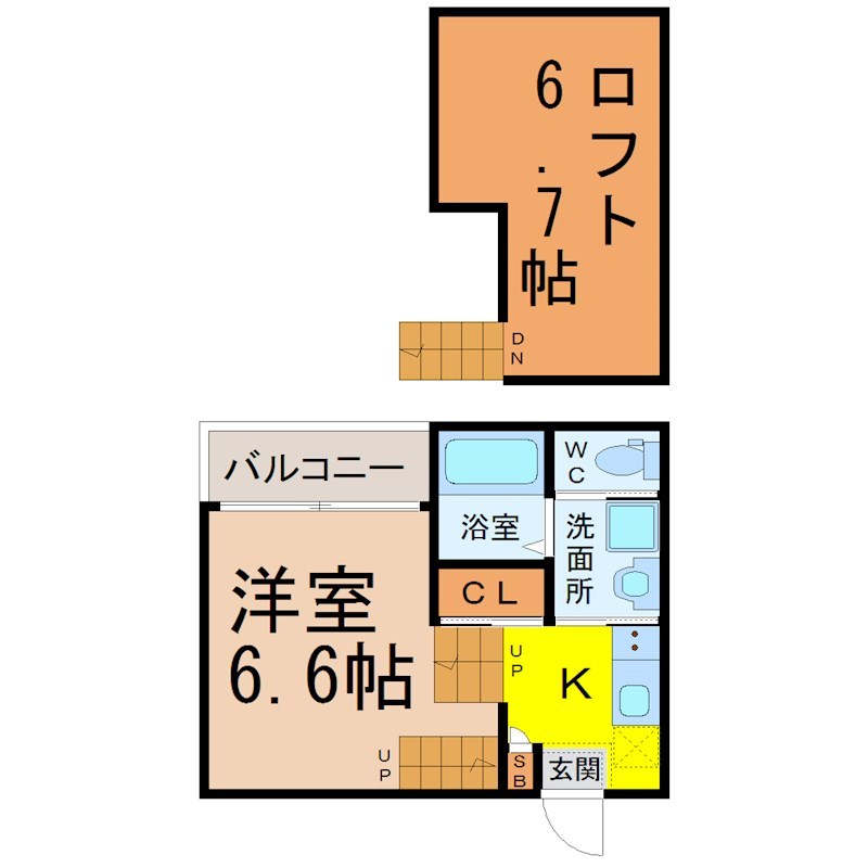 アセット大曽根 間取図　洋室6.6帖　ロフト6.7帖　脱衣洗面所　バルコニー