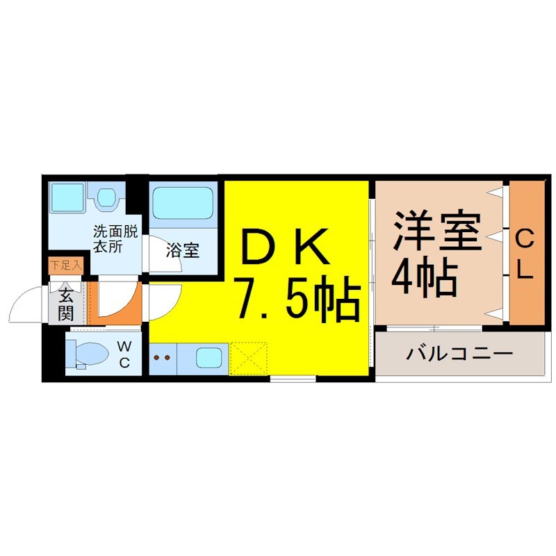 ジュネス日比野 間取図　ＤＫ7.5帖　洋室4帖　脱衣洗面所　バルコニー