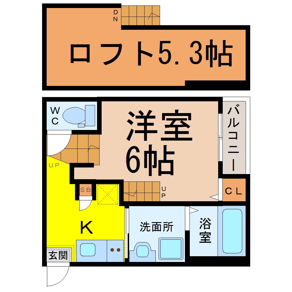 レクセルズ 間取図　洋室6帖　ロフト5.3帖　脱衣洗面所　バルコニー