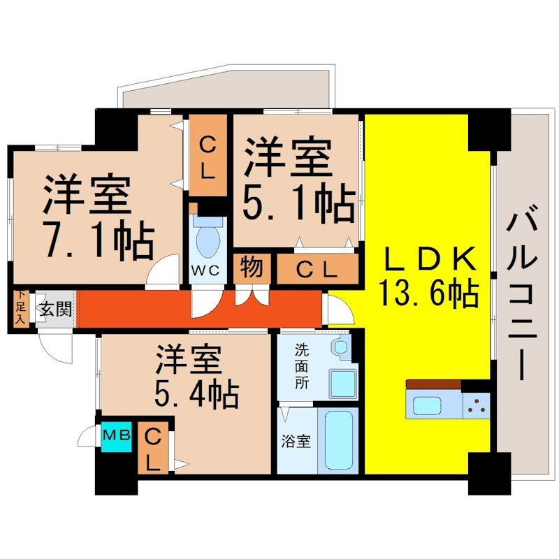 プログレッソ花の木 間取図　ＬＤＫ13.6帖　洋室3部屋　南面バルコニー