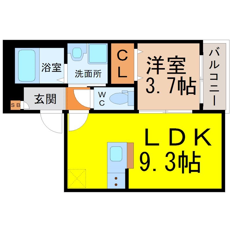 Ｅｍｂｅｌｌｉｒ　Ｔｒｏｉｓ（アンベリールトロワ） 間取り　ＬＤＫ9.3帖　洋室3.7帖　脱衣洗面所　バルコニー