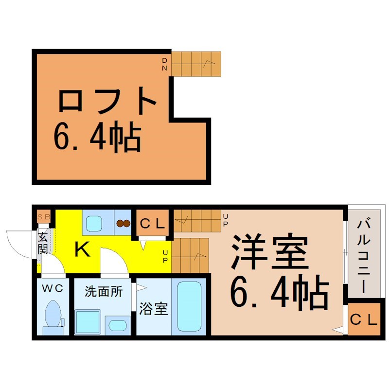 リブラ金山 間取図　洋室6.4帖　ロフト6.4帖　脱衣洗面所　バルコニー