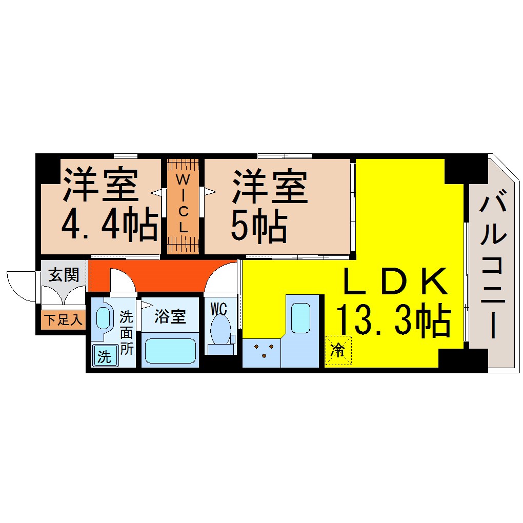 オーベル城西 間取り　ＬＤＫ13.3帖　洋室2室　南面バルコニー