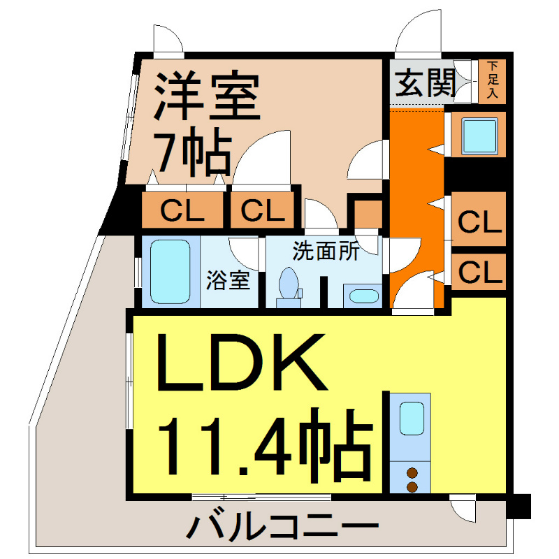 ヴァリエ東別院 間取図　ＬＤＫ11.4帖　洋室7帖　脱衣洗面所　バルコニー
