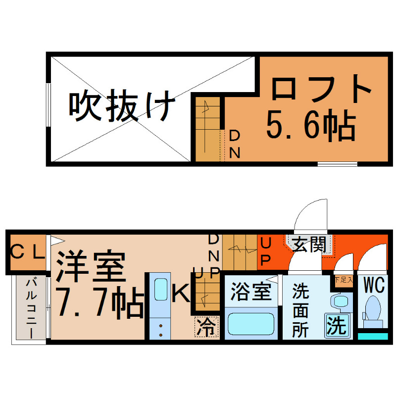 カーサフェリーチェＷ 間取図　洋室7.7帖　ロフト5.6帖　脱衣洗面所　バルコニー