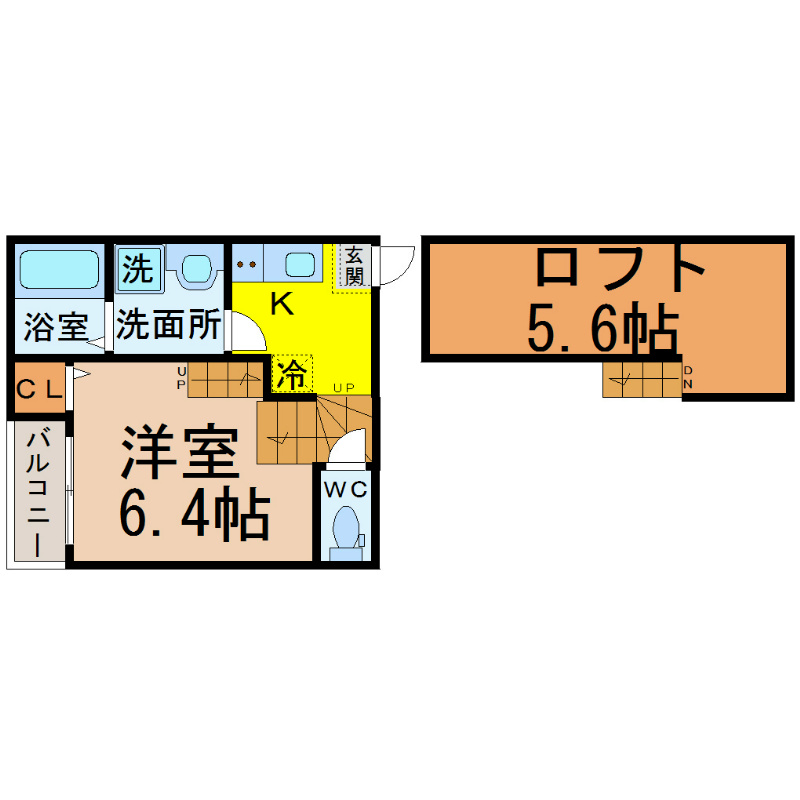 ソアレ大曽根 間取り　洋室6.4帖　ロフト5.6帖　脱衣洗面所　バルコニー