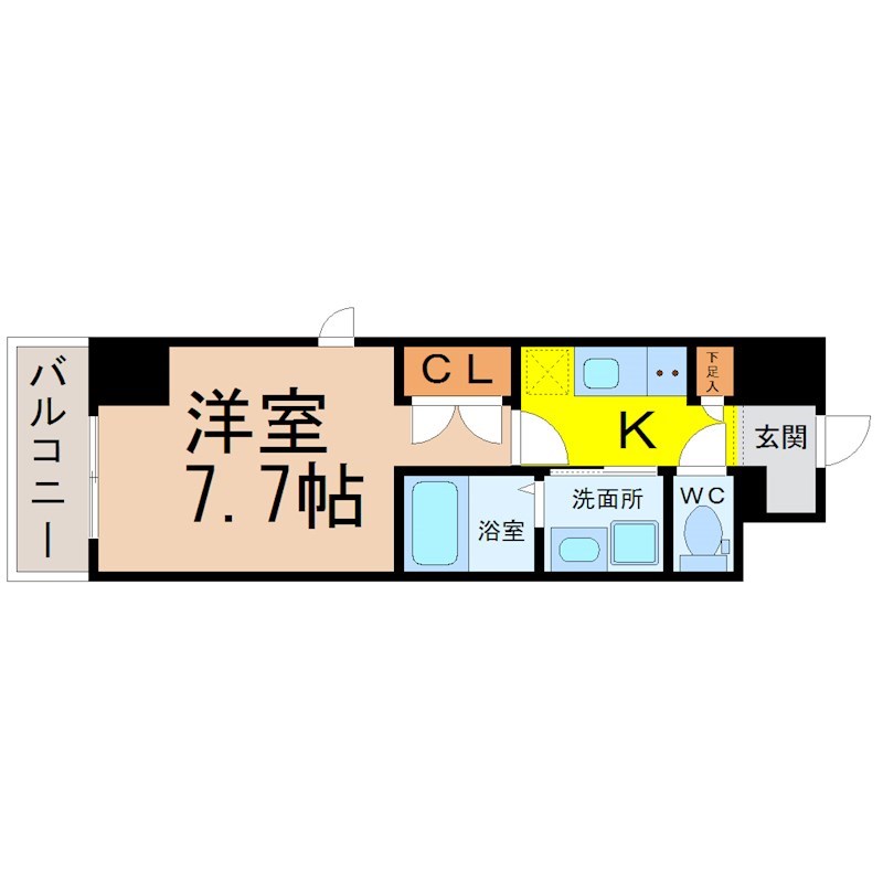 プログレッソ桜山 間取図　洋室7.7帖　脱衣洗面所　クローゼット付　バルコニー