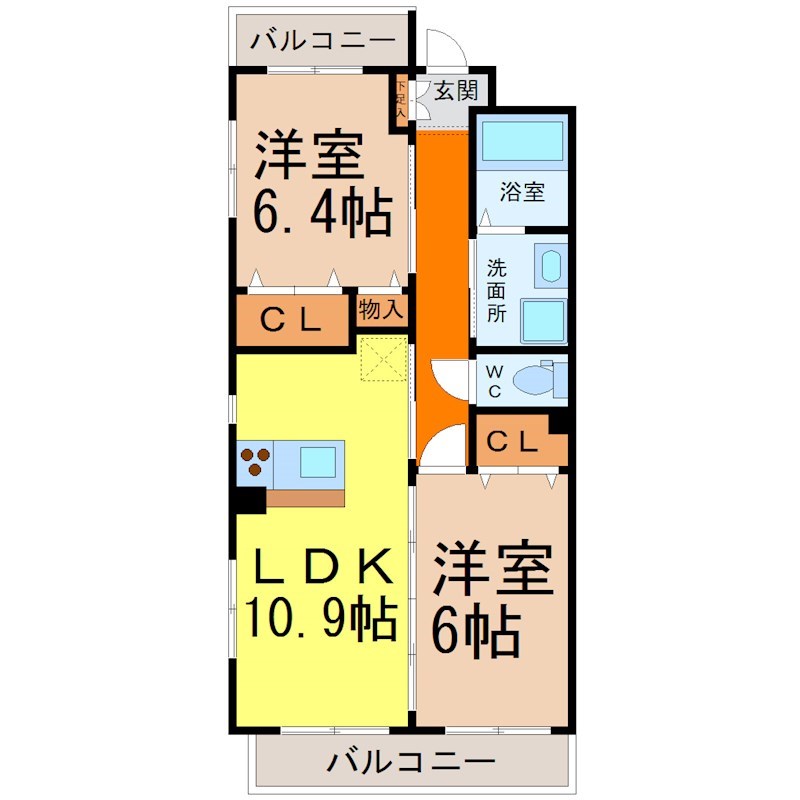 プロビデンス杁中 間取図　ＬＤＫ10.9帖　脱衣洗面所　バルコニー