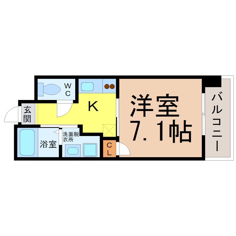 ＫマンションつるまいII 間取図　洋室7.1帖　脱衣洗面所　クローゼット付　バルコニー