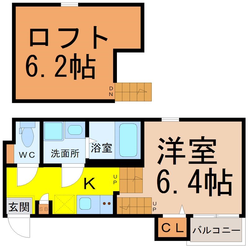 プレミアムハウス.Ｋ 間取図　洋室6.4帖　ロフト6.2帖　脱衣洗面所　バルコニー