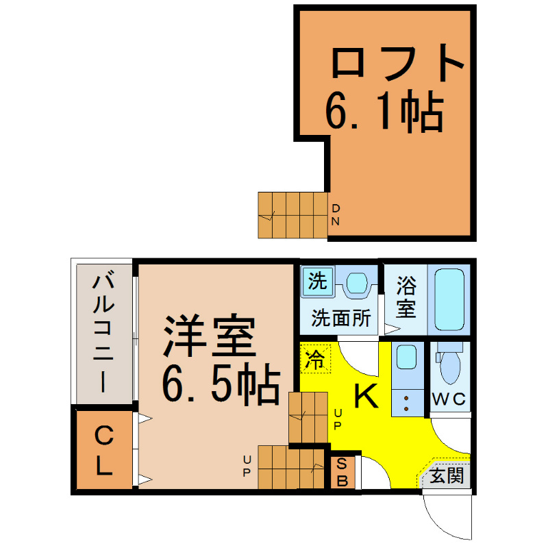 ニューストラーダ 間取り　洋室6.5帖　ロフト6.1帖　脱衣洗面所