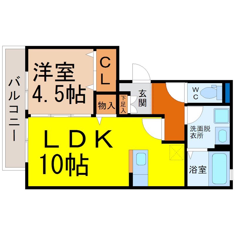 クレール 間取図　ＬＤＫ10帖　洋室4.5帖　脱衣洗面所　バルコニー