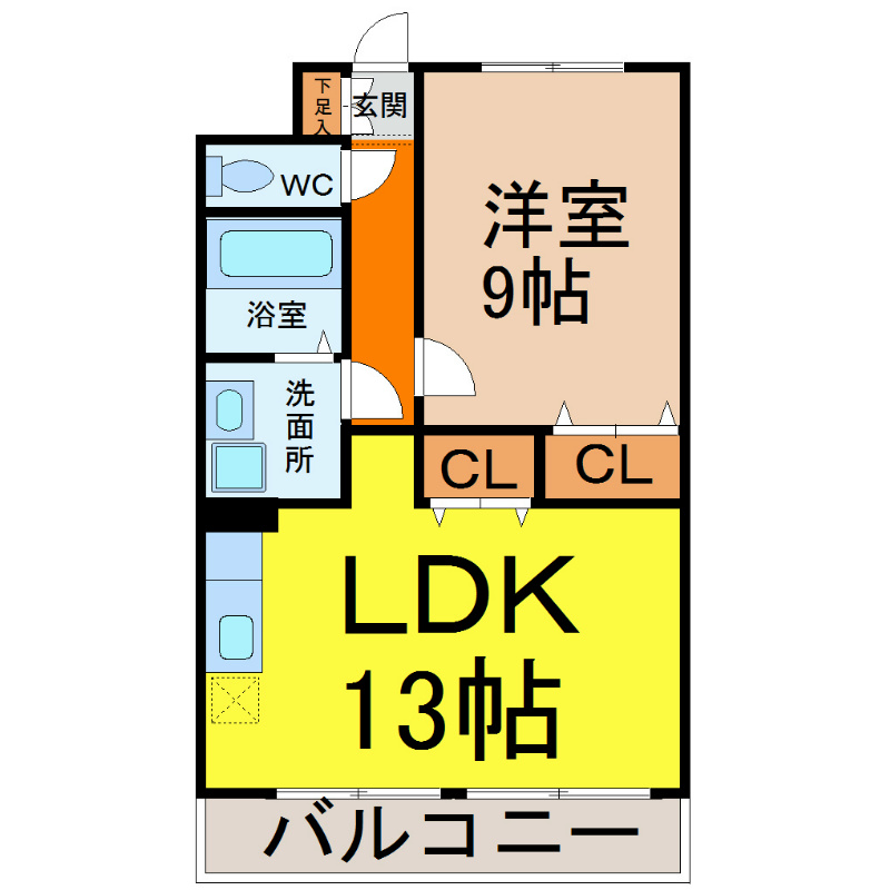 プリミエール八幡 間取図　ＬＤＫ13帖　洋室9帖　脱衣洗面所　南面バルコニー