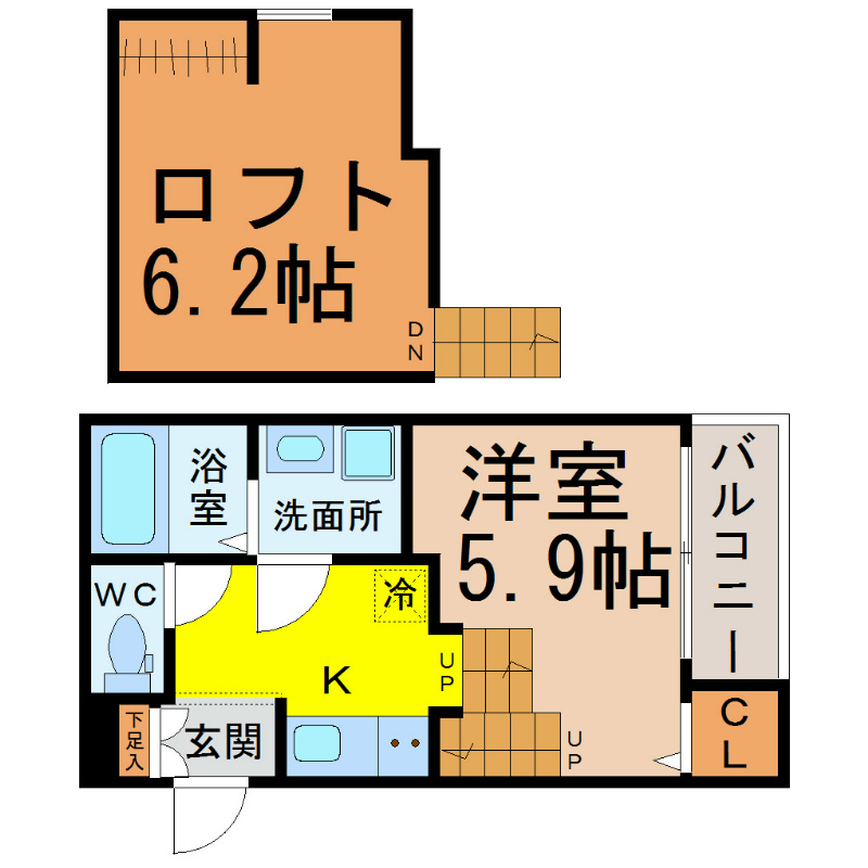 アルバーノ道徳北町 間取図　洋室5.9帖　上段ロフト6.2帖　脱衣洗面所