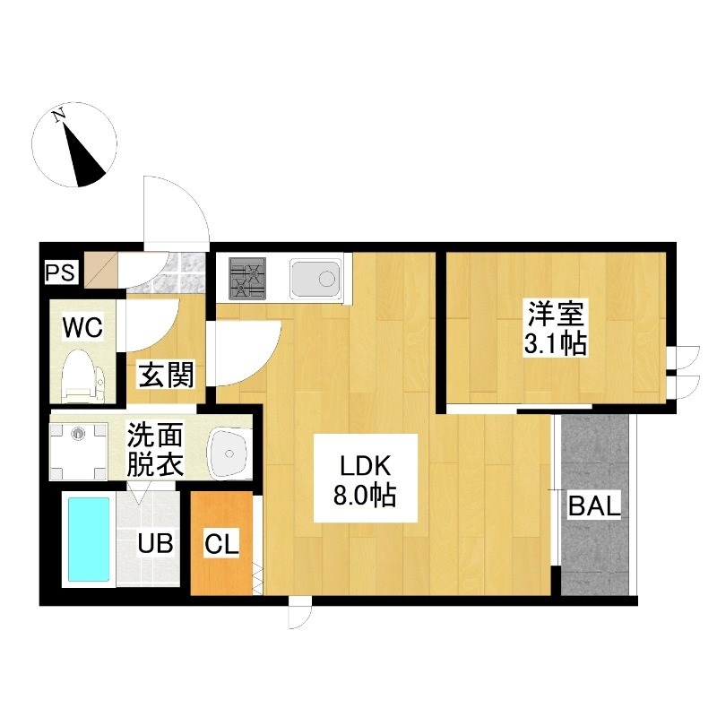 ＧＲＡＮＤＴＩＣ　ＲＥＬＩＥＦ 間取図　ＬＤＫ8帖　洋室3.1帖　脱衣洗面所　バルコニー