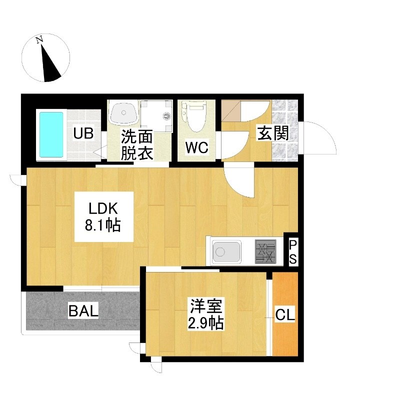 ＧＲＡＮＤＴＩＣ　ＲＥＬＩＥＦ 間取図　ＬＤＫ8.1帖　洋室2.9帖　脱衣洗面所　バルコニー