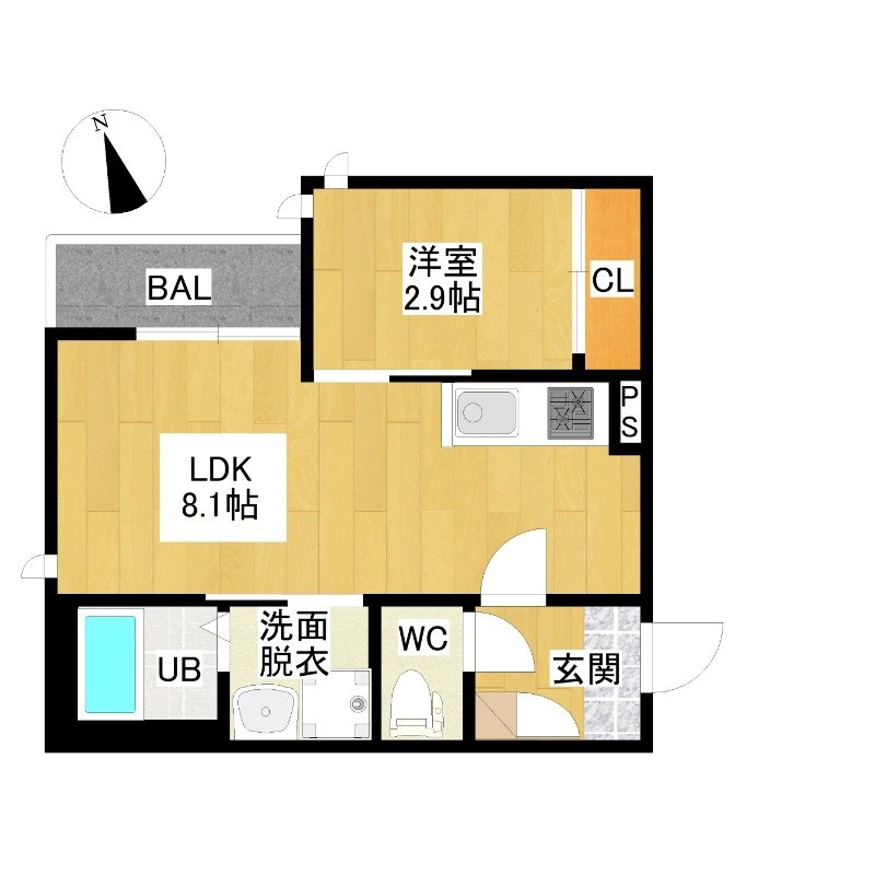 ＧＲＡＮＤＴＩＣ　ＲＥＬＩＥＦ 間取図　ＬＤＫ8.1帖　洋室2.9帖　脱衣洗面所　バルコニー
