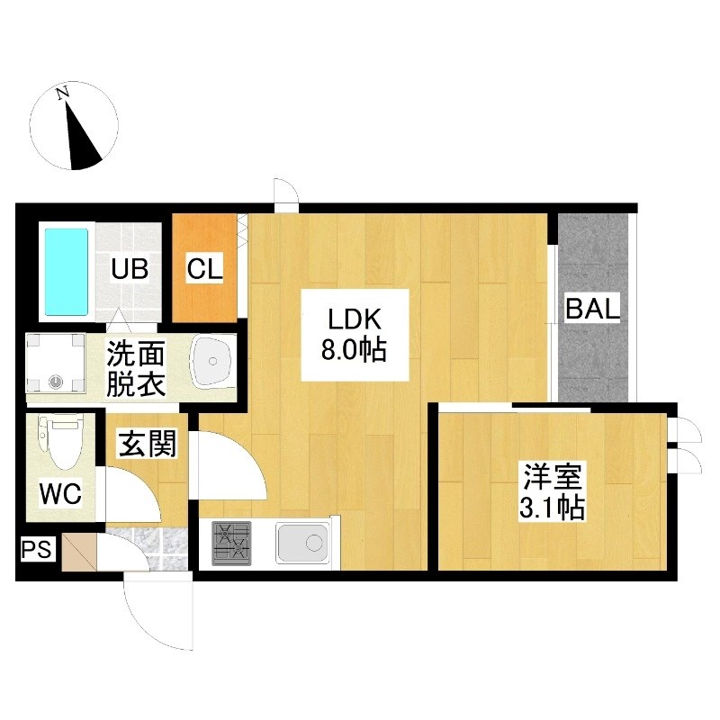 ＧＲＡＮＤＴＩＣ　ＲＥＬＩＥＦ 間取図　ＬＤＫ8帖　洋室3.1帖　脱衣洗面所　バルコニー