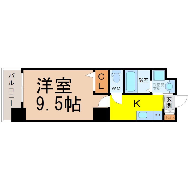 ＡｒｔｉｚＡ鶴舞 間取図　洋室9.5帖　脱衣洗面所　バルコニー