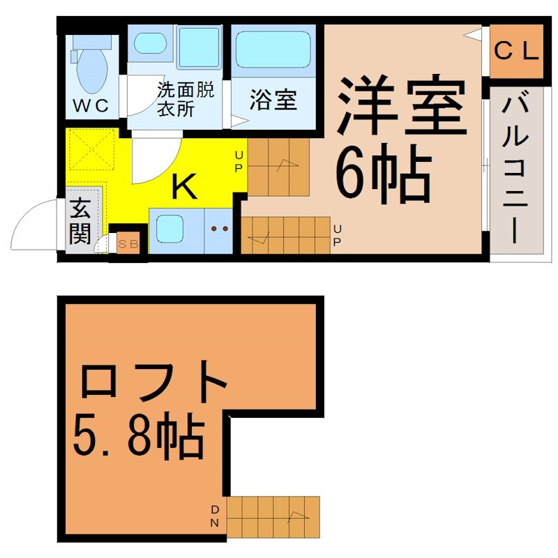 ハーモニーテラス元八事Ⅱ 間取図　洋室6帖　ロフト5.8帖　脱衣洗面所　バルコニー