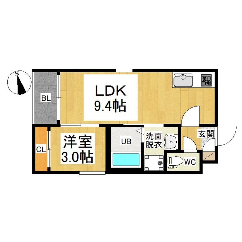 ＲＥＧＡＬＥＳＴ　ｇｒａｎＮｏｒｔｈ 間取図　ＬＤＫ9.4帖　洋室3帖　脱衣洗面所　バルコニー