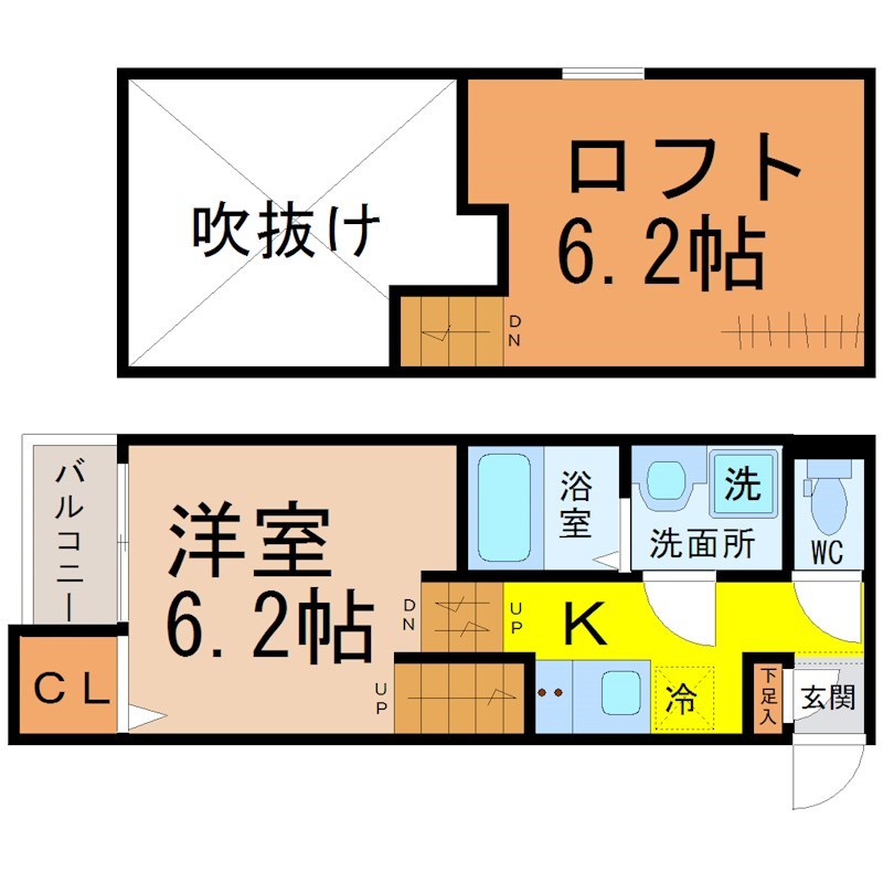 ＰＬＡＩＳＩＲ（プレジール） 間取図　洋室6.2帖　ロフト6.2帖　脱衣洗面所　バルコニー