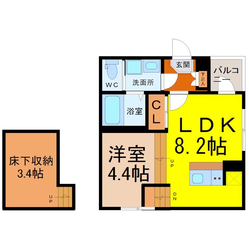 エスパシオ烏森 間取図　ＬＤＫ8.2帖　洋室4.4帖　床下収納3.4帖