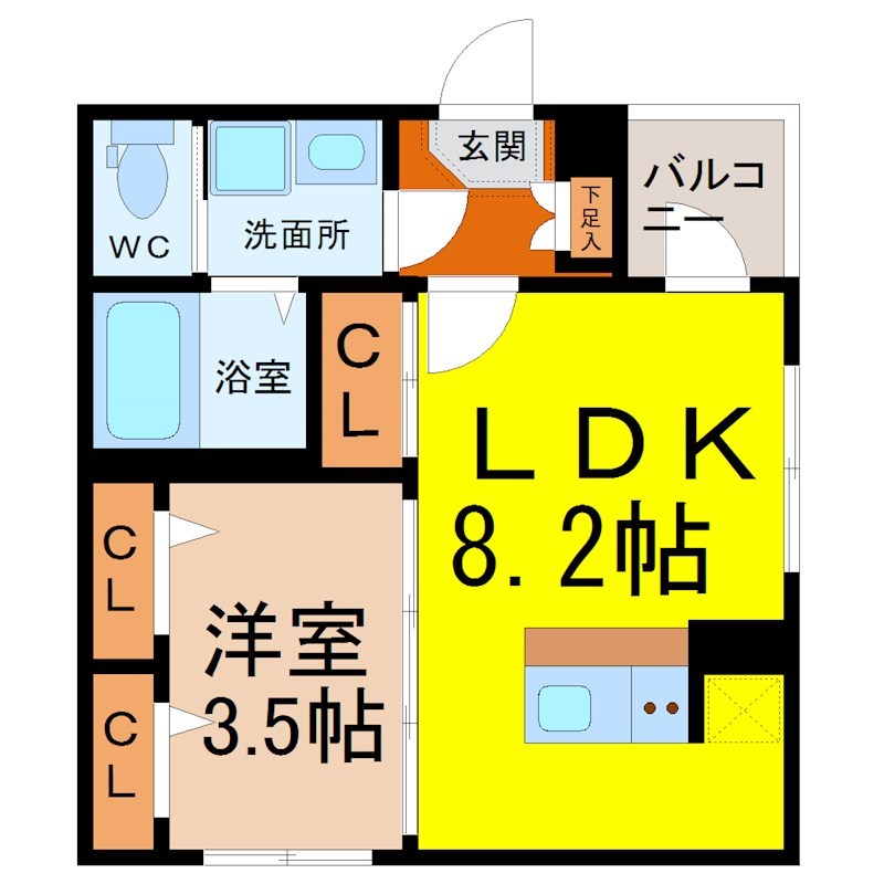エスパシオ烏森 間取図　ＬＤＫ8.2帖　洋室3.5帖　脱衣洗面所