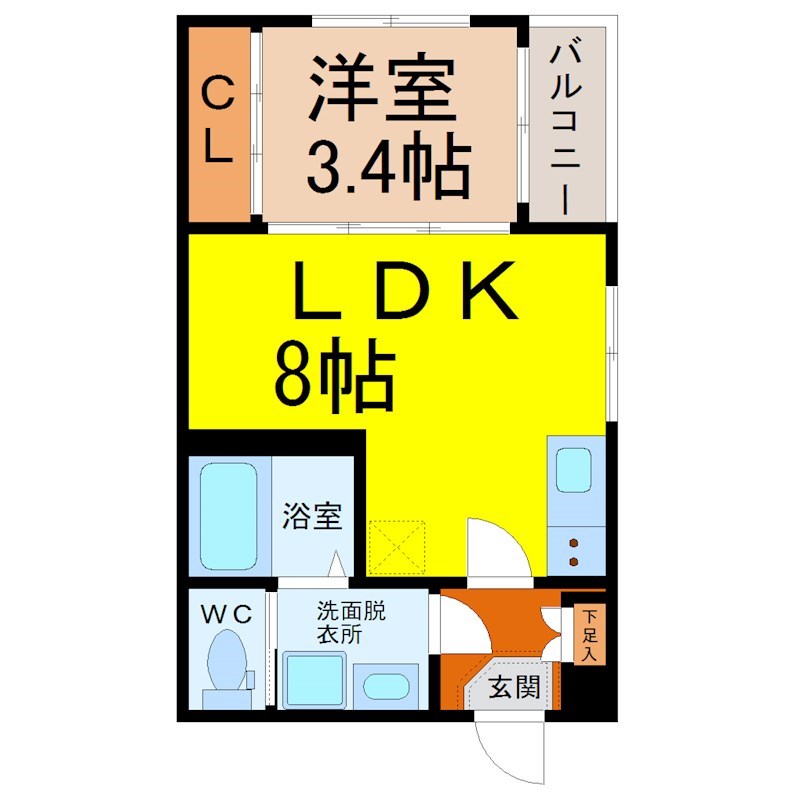 エスパシオ烏森 間取図　ＬＤＫ8帖　洋室3.4帖　脱衣洗面所