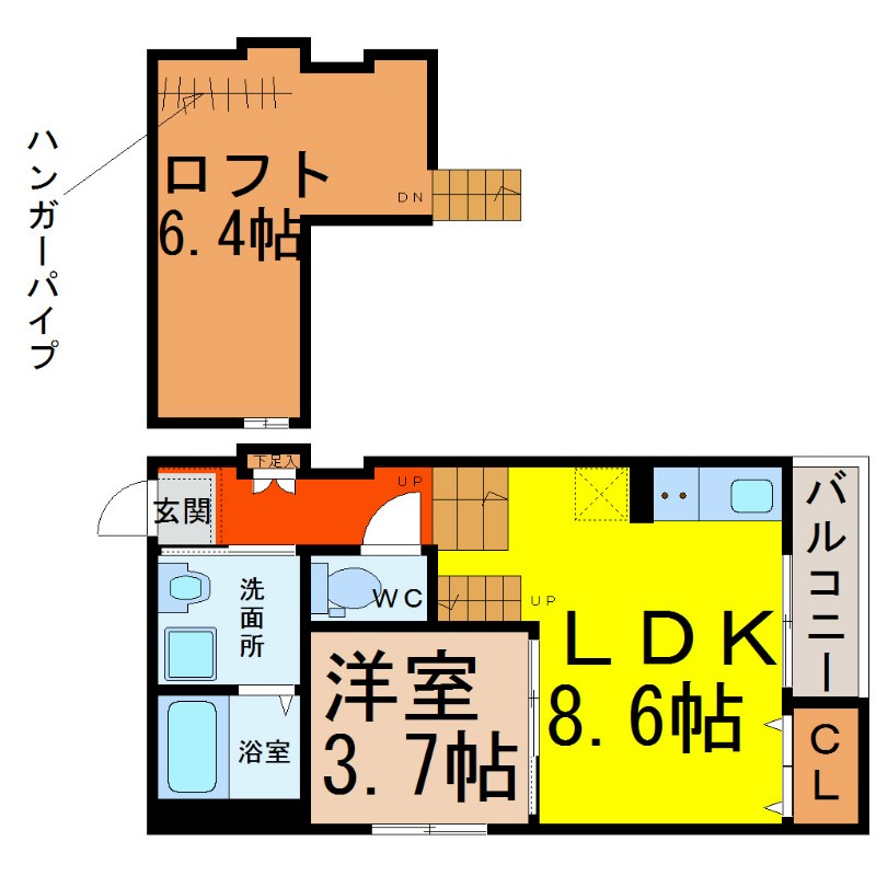 ＢｅｌｌｅＤｅｍｅｕｒｅ（ベルドミール） 間取図　ＬＤＫ8.6帖　洋室3.7帖　ロフト6.4帖