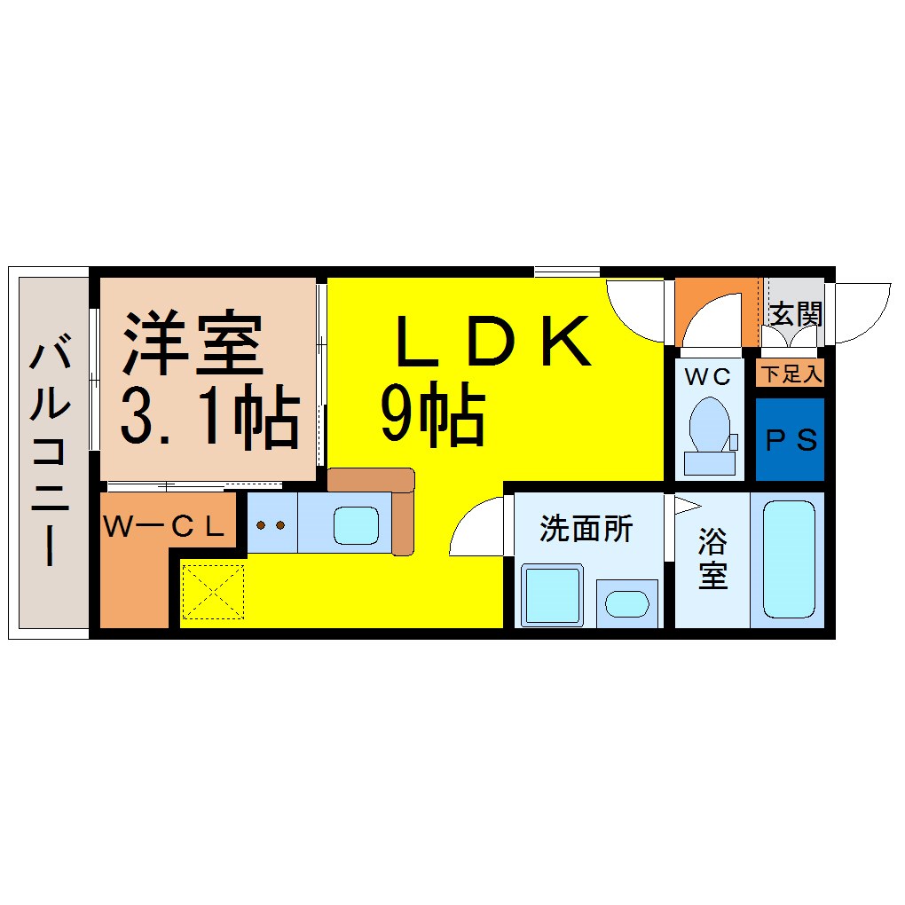 ＦＡＭＩＬＹ　ＳＴＡＧＥ矢田（ファミリーステージ矢田） 間取図　ＬＤＫ9帖　洋室3.1帖　脱衣洗面所　バルコニー