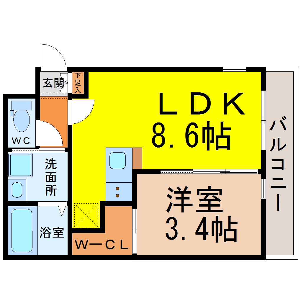 ＦＡＭＩＬＹ　ＳＴＡＧＥ矢田（ファミリーステージ矢田） 間取図　ＬＤＫ8.6帖　洋室3.4帖　脱衣洗面所　バルコニー