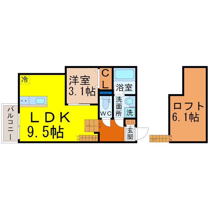 FAMILY STAGE川名I（ファミリーステージ川名I） 間取図　ＬＤＫ9.5帖　洋室3.1帖　ロフト付　脱衣洗面所