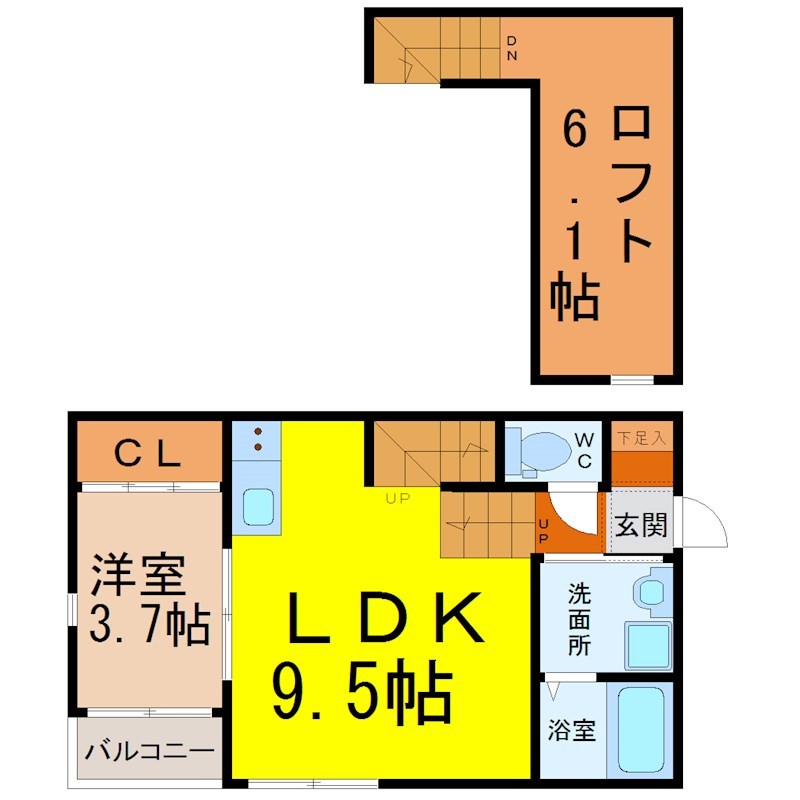 Ｓｔａｇｅ苗代町 間取図　ＬＤＫ9.5帖　洋室3.7帖　ロフト6.1帖