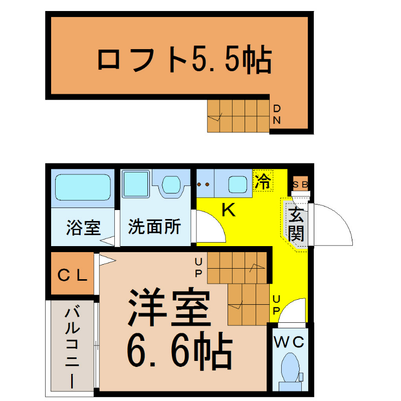 ウプサラ 間取図　洋室6.6帖　ロフト5.5帖　脱衣洗面所　バルコニー