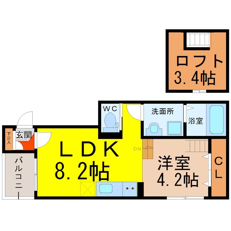 ｉ－ＣＵＢＥ（アイキューブ） 間取図　ＬＤＫ8.2帖　洋室4.2帖　ロフト付　脱衣洗面所