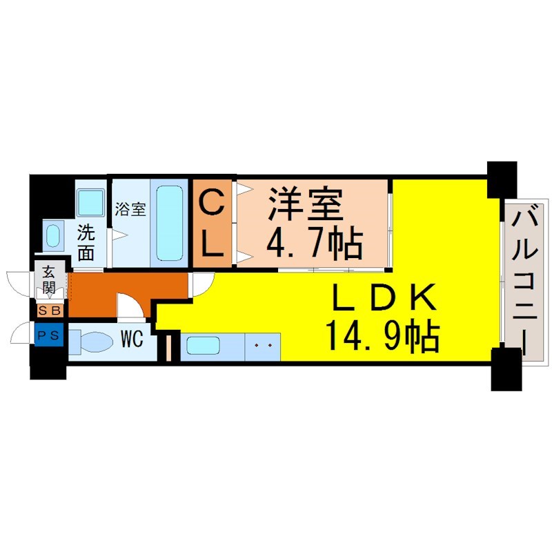 セレブランド堀田駅前 間取図　ＬＤＫ14.9帖　洋室4.7帖　南面バルコニー
