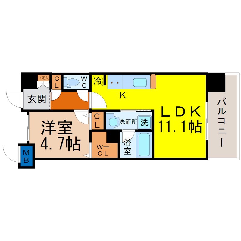グランレコルト 間取図　ＬＤＫ11.1帖　洋室4.7帖　南面バルコニー