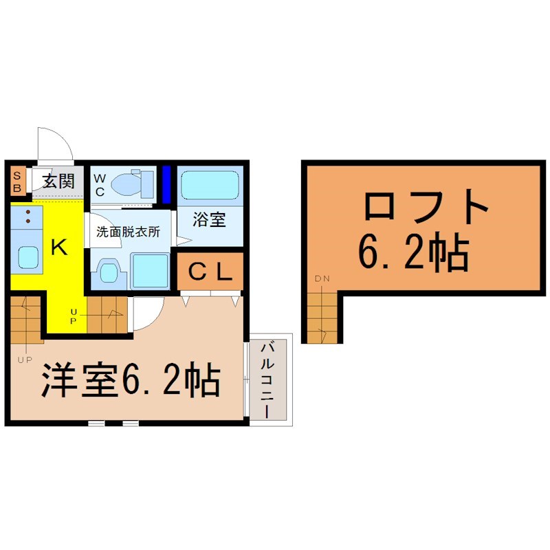 Ｃｒｅｏ吹上（クレオ吹上） 間取図　洋室6.2帖　ロフト6.2帖　脱衣洗面所　バルコニー
