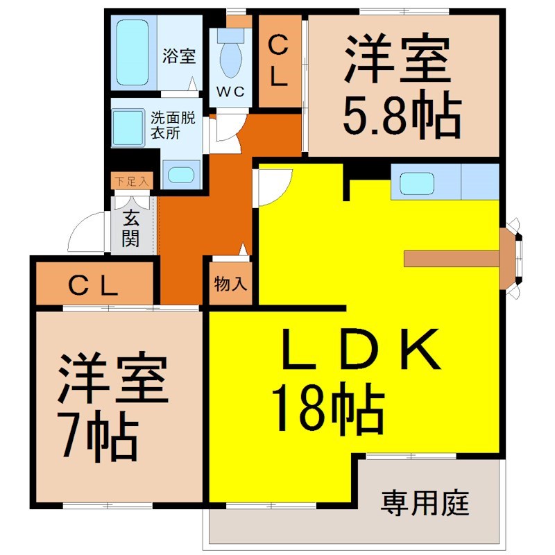 コーポ・ピスカ 間取図　ＬＤＫ18帖　洋室7帖　洋室5.8帖