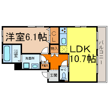 Ｆｉｋａ　ｋａｎａｙａｍａ（フィカカナヤマ） 間取図　ＬＤＫ10.7帖　洋室6.1帖　南面バルコニー