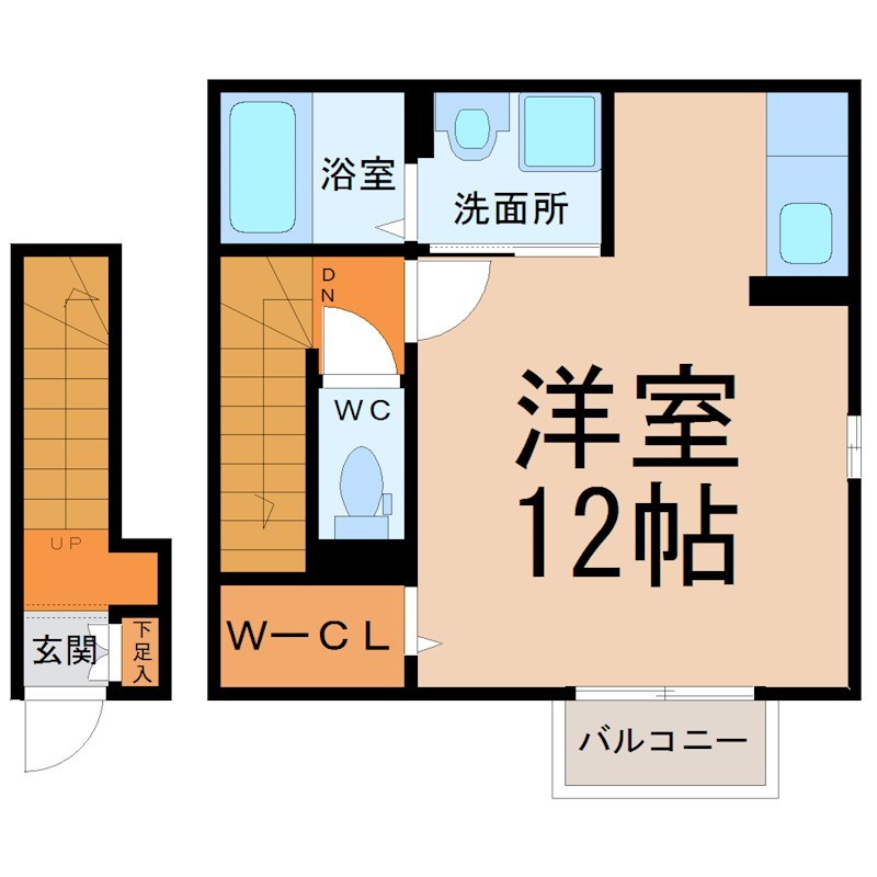 ウェリナII 間取図　洋室12帖　脱衣洗面所　南面バルコニー